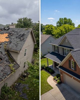 Severely damaged residential roof before and after complete replacement