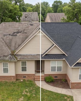 Before and after residential roof replacement on a Middle Tennessee home