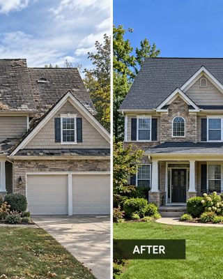 Damaged asphalt shingle roof before and after replacement in Clarksville, TN
