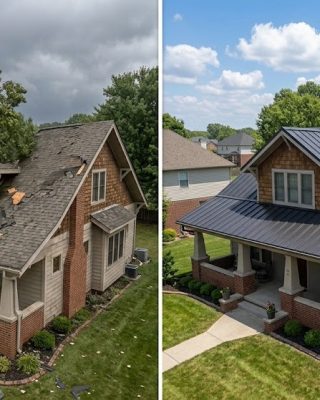 Storm-damaged roof before and after replacement on a Middle Tennessee home